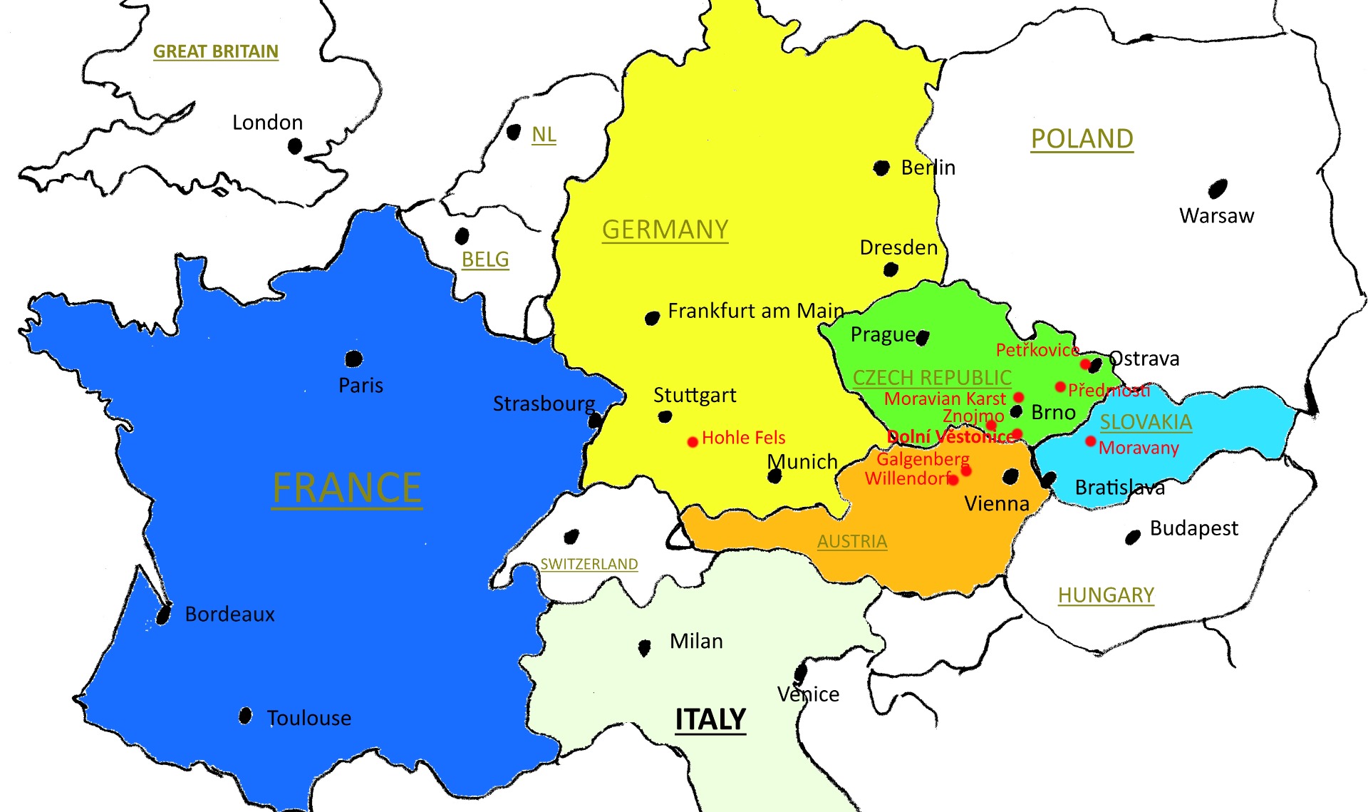 A simple map showing the Venus figurines locations (red dots) described on the web pages below.